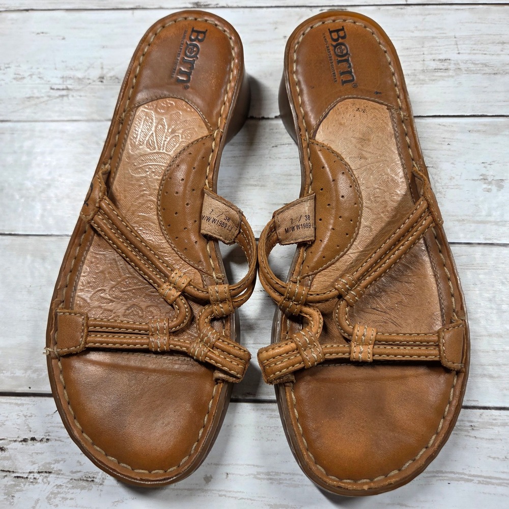 Born W1989 Strappy Leather Wedge Slide Sandals Women 7M Tan Brown Knotted Boho